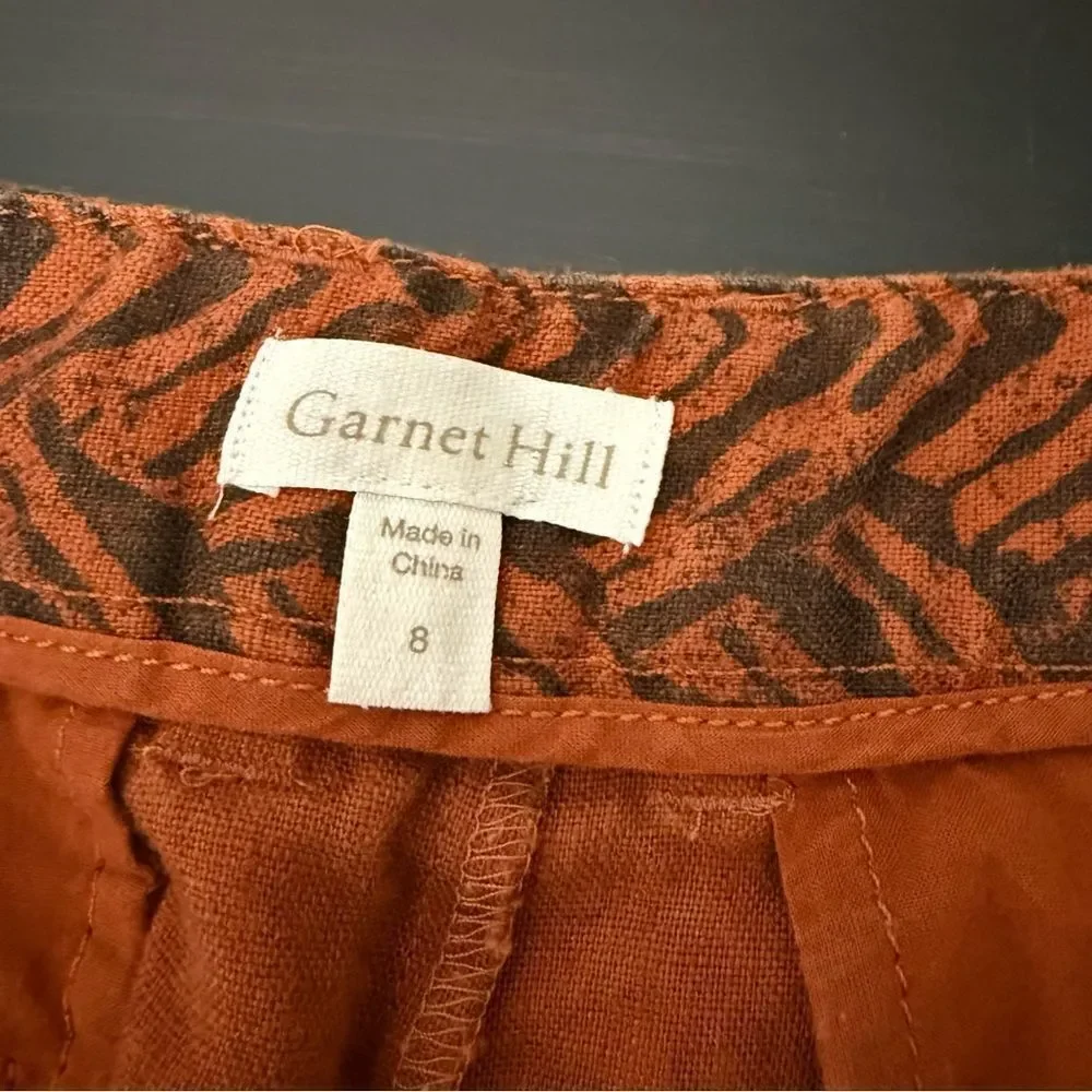 Garnet Hill Pants Womens Sz 8 Orange Rust 100% Linen Chevron Print Wide Leg Boho